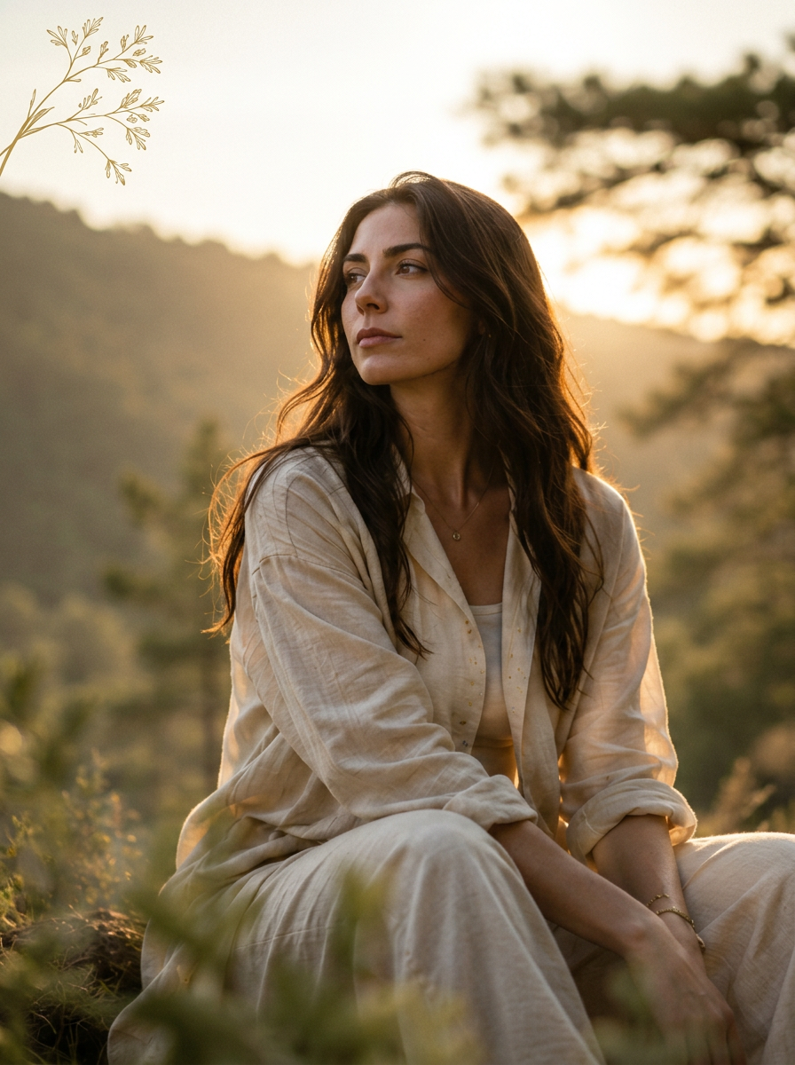 Mulher serena ao pôr do sol numa montanha